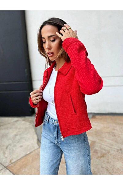 Maldia Shop Red Tweed Bomber Jacket - Shirt Collar, Zippered