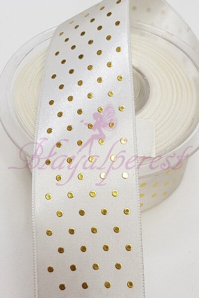 Limelia Panglică din satin cu imprimeu cu buline crem auriu 4Cm