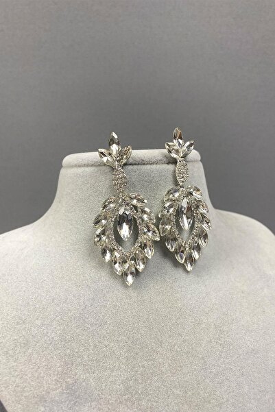 Limelia Gümüş Mekik Duru Yaprak Desenli Taşlı Abiye Küpe