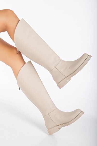 MaskButik Beige Alinda Leather Boots - Back Zipper
