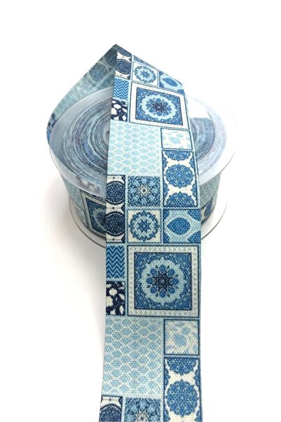 Limelia Синя памучна панделка с шарки 4 см 1 метър