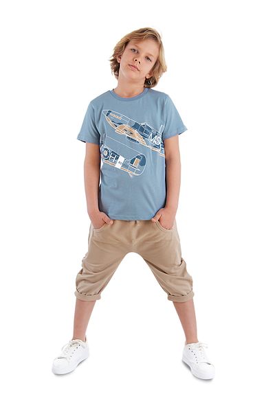 MSHB&G Boy's Airplane Patterned Pocket Detailed Summer T-shirt and Capri Shorts Set