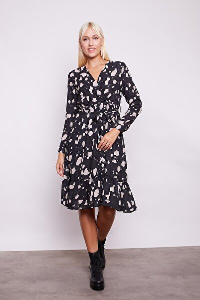 Jument Desenli Kruvaze Anvelop Uzun Kol Eteği Fırfırlı Elbise -Siyah Desen