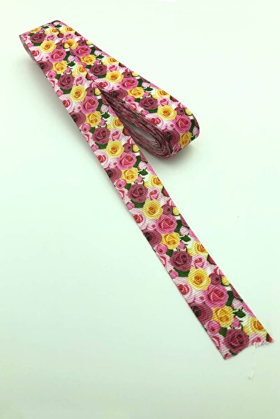 Limelia Panglică Grosgrain cu Motiv Floral Galben Roz 10 Mt