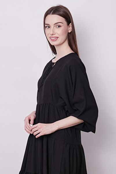 Jument Women's Invisible Viscose Poplin Fabric Long Sleeve Skirt Ruffled Long Dress-Black