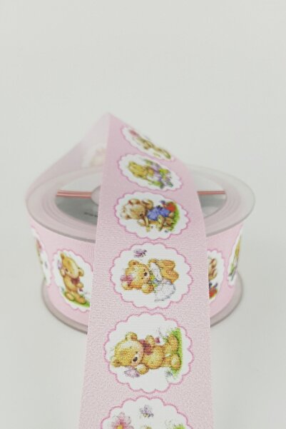Limelia Panglică Grosgrain cu Motiv Ursuleț Roz 4 cm 20 m