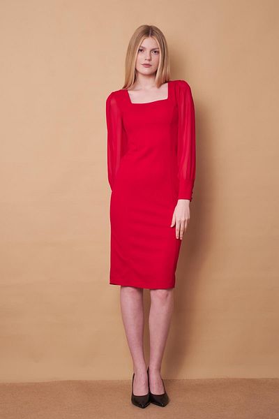 Jument Lycra Crepe Fabric Chiffon Detailed Square Collar Long Sleeve Dress-red
