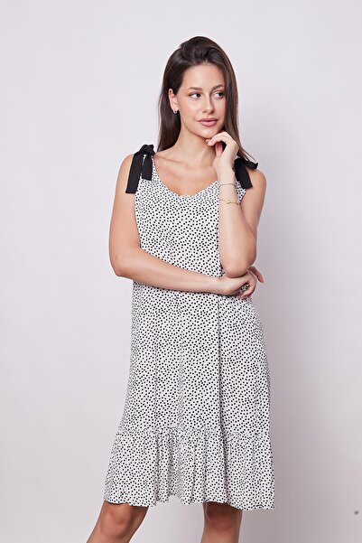 Jument Γυναικείο καλοκαιρινό φόρεμα με στάμπα Voile - λαιμόκοψη V, αμάνικο, ώμους με φιόγκο, στάμπα με πόντους