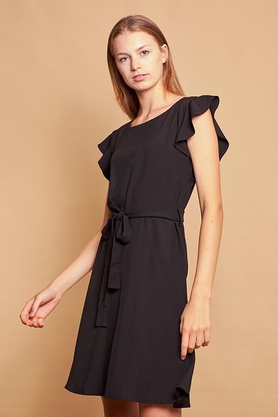 Jument Rochie de birou din crepon din lycra ușoară - gât barcă, mâneci cu volan, talie cu șireturi, fustă kilograme - negru