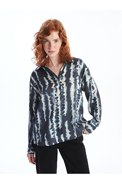 LC Waikiki Γυναικείο πουκάμισο σατέν oversized με μπλε ναυτικό σχέδιο