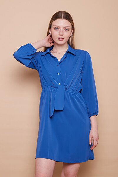 Jument Ανοιξιάτικο φόρεμα με γιακά και κουμπιά με μανίκια κάπρι με επένδυση-Sax