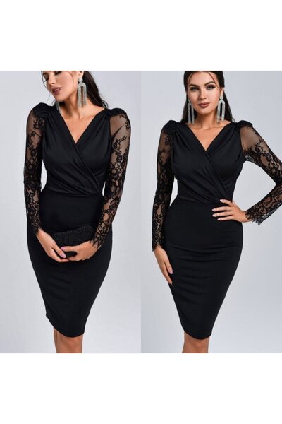 JANES móda wanilia Dámské šaty s dlouhým rukávem, dvouřadým límcem, rukávy s tylovým detailem, krepové mini šaty