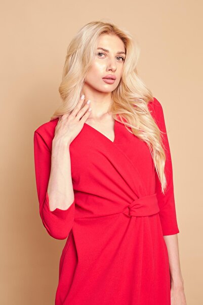 Jument Likralı Krep Kumaş Anvelop Kruvaze Önü Pileli Kapri Truvakar Kol Diz Altı Elbise-Fujya