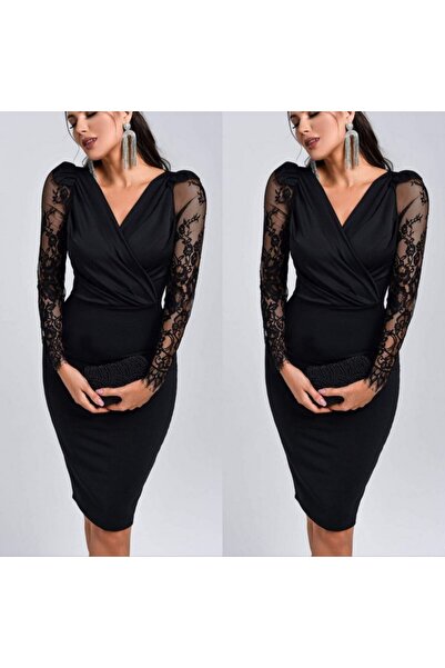 JANES móda wanilia Dámské šaty s dlouhým rukávem, dvouřadým límcem, rukávy s tylovým detailem, krepové mini šaty