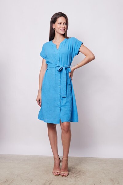 Jument Μπλε φόρεμα μέχρι το γόνατο - με γιακά, λινό μείγμα, ώμους και λεπτομέρεια στη μέση με κορδόνια