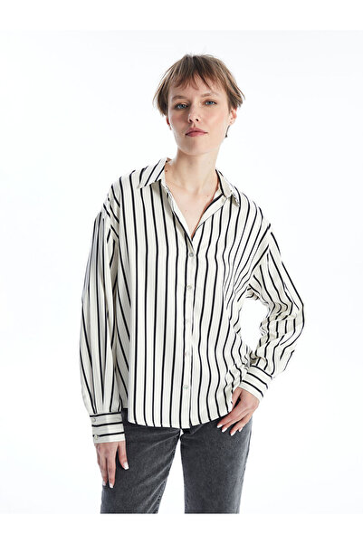 LC Waikiki Black Striped Long Sleeve Oversize Satin Women's Shirt