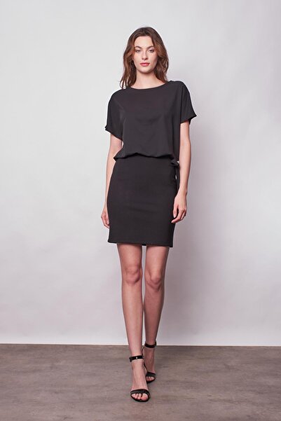 Jument Γυναικείο φόρεμα με λαιμόκοψη με ανοιχτό ώμο με κορδόνι στο κάτω μέρος, ελαφρύ ύφασμα Lycra Tok-Μαύρο