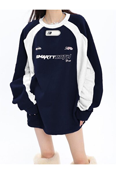 Touz Moda Y2K Streetwear Smarttooth Printed Navy Blue Unisex Oversize Crew Ne...