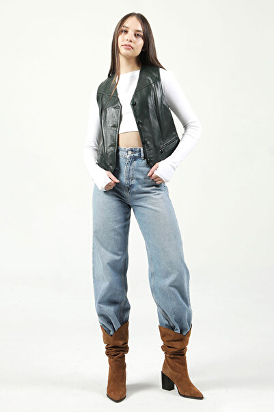 Dericlub Vittoria Green Slim Fit Genuine Leather Women's Vest - Buttoned