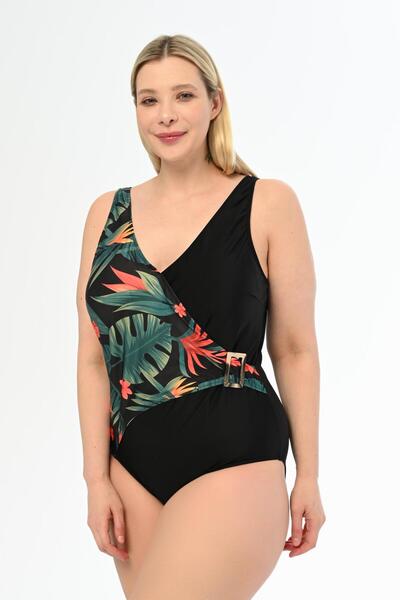 AQUAVİVA Large Size Black Double Breasted Swimsuit - Aquaviva Martina Patterned