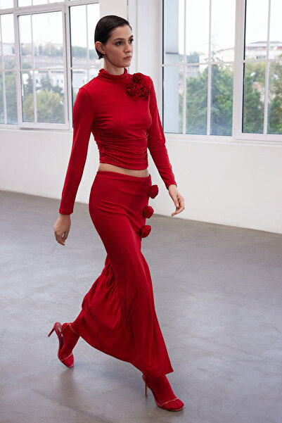 Trendyol Collection Piros Midi kötött szoknya - Rose Detailed, Limited Edition TPRAW25ET00000