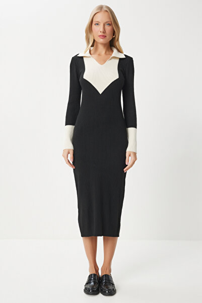 Happiness İstanbul Polo Neck Black Knitwear Women's Dress - Contrast Jg00003