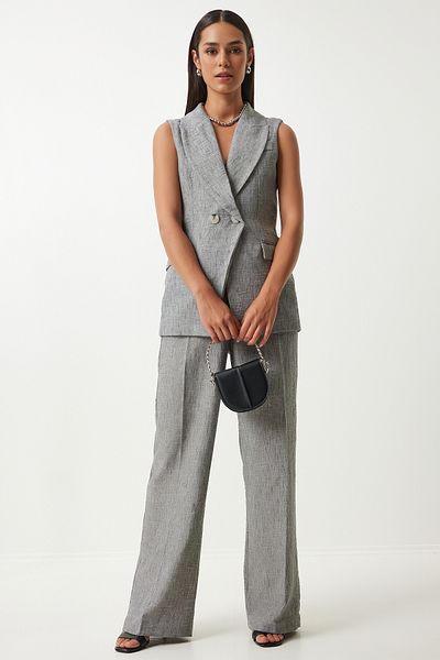 Happiness İstanbul Anthrazitfarbenes Oversize-Damen-Weste- und Hosen-Set – Schalkragen FN03230