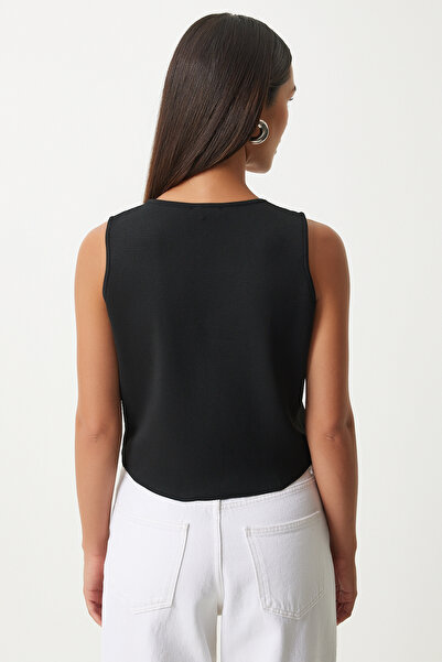 Happiness İstanbul Black Crop Knitwear Vest - Stylish and Buttoned Fn03209