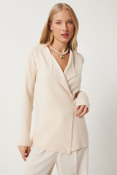Happiness İstanbul Women's Cream Wraped Collar Belted Seasonal Knitwear Cardigan Us00929