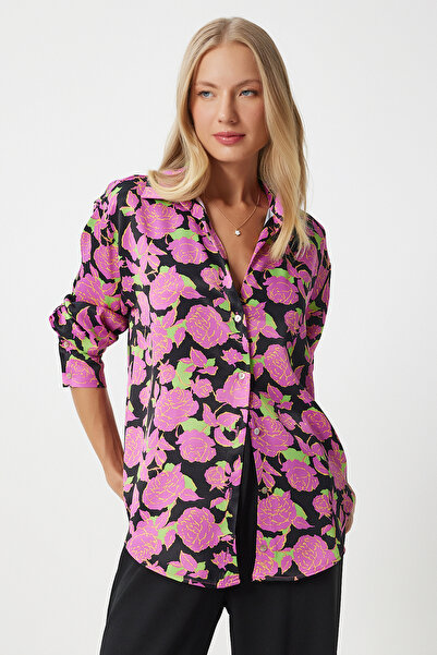 Happiness İstanbul Rózsaszín és fekete virágmintás szatén női ing HK00040