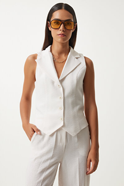 Happiness İstanbul Női ekrü enyhén átlátszó kendős gallér mellény nadrágkosztüm FN03231