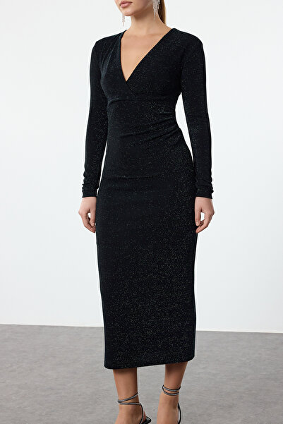 Trendyol Collection Černo-zelené třpytivé pletené stylové večerní šaty Noční šaty pro návrat domů TPRAW25EL00063