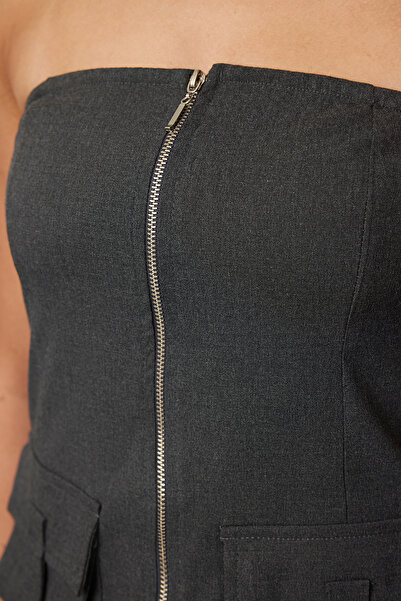 Trendyol Collection Strapless Anthracite Woven Blouse - Pocket Detailed, TWOAW25BZ00185