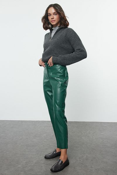 Trendyol Collection Green Faux Leather - Zippered Cigarette Trousers TWOAW25PL00049