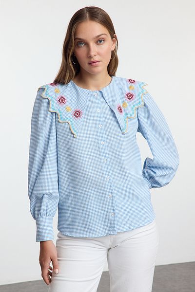 Trendyol Collection Cămașă țesătă cu mânecă cu balon albastru brodat - TWOSS21GO0232