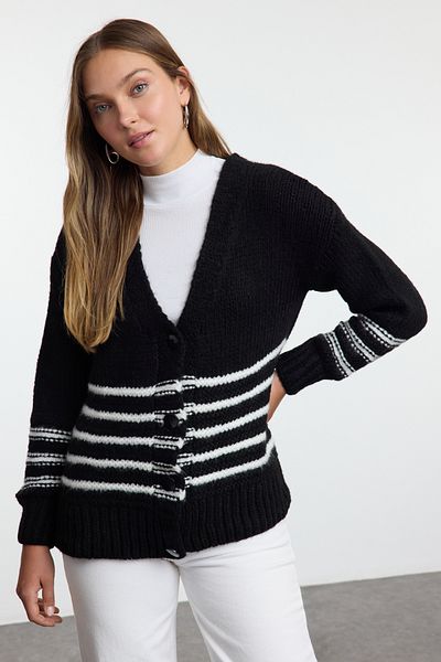 Trendyol Collection Soft Black Striped Knitwear Cardigan - TWOAW24HI00118