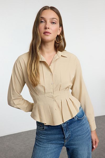 Trendyol Collection Sötét bézs szőtt ing - derékhoz illeszkedő modell TWOAW24GO00186