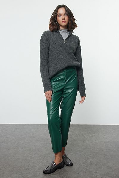 Trendyol Collection Green Faux Leather - Zippered Cigarette Trousers TWOAW25PL00049