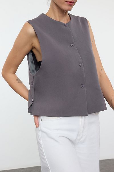Edit by Trendyol Šedá Crew Neck Oversize Crop Woven Vest Tedss24Ye00002