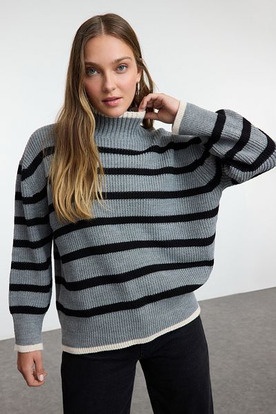 Trendyol Collection Wide Fit Striped Anthracite Knitwear Sweater - Twoaw23kz01446