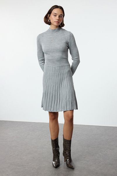 Trendyol Collection Gray Knitwear Ruffle Mini Dress - Stand Collar Twoaw25El00047
