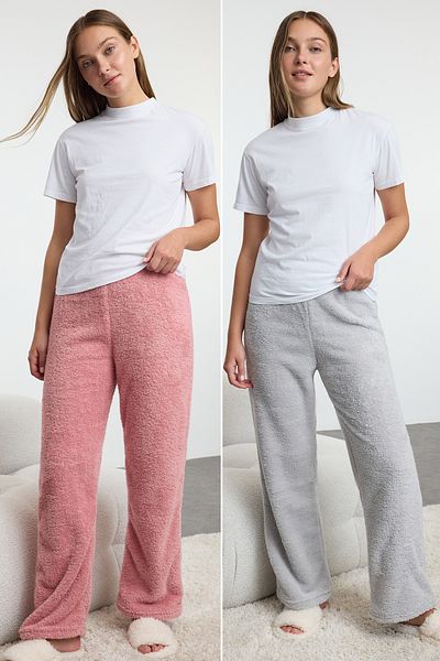 Trendyol Collection 2 csomagos rózsaszín és szürke plüss kötött pizsama alsó - THMAW25PJ00003