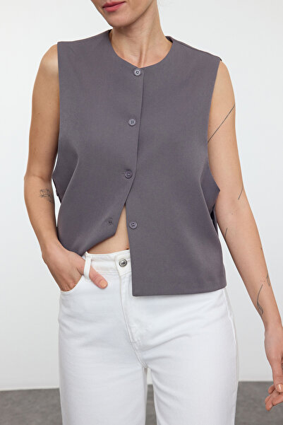 Edit by Trendyol Šedá Crew Neck Oversize Crop Woven Vest Tedss24Ye00002