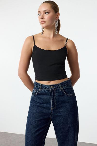 Trendyol Collection TPRAW25BS0010 Μοντέλο Black Woven Crop Bustier - Με λεπτομέρεια αξεσουάρ