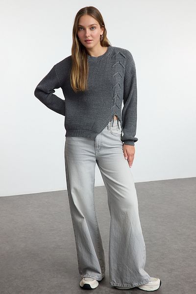 Trendyol Collection Crew Neck Anthracite Knitwear Sweater - Twoaw25kz00350 with Lacing and Slit Detail