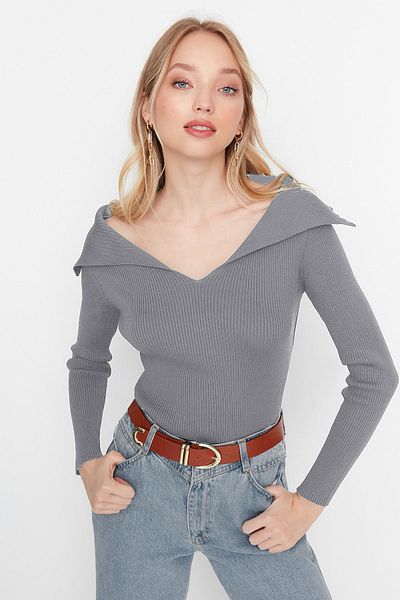 Trendyol Collection Anthracite Knitwear Sweater - Collar Detailed TWOAW22KZ0993