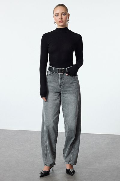 Trendyol Collection Šedé pytlovité džíny s vysokým pasem - Detailní prošívání skater kalhot Twoaw25Je00167
