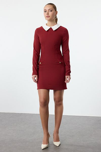 Trendyol Collection Rochie țesătă cu guler burgundă - Detaliată, TWOAW24EL00298