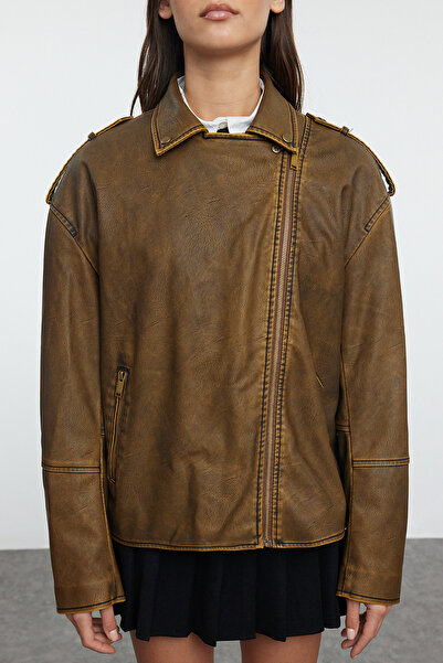 Trendyol Collection Hnědá Oversize Mold Wash Efekt Umělá kůže Motorkář Slim Jacket Kabáty TWOAW25MO00010