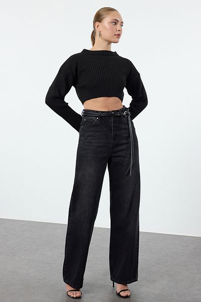 Trendyol Collection Jeansy z wysokim stanem i szerokimi nogawkami w kolorze czarnym - TWOAW25je00200